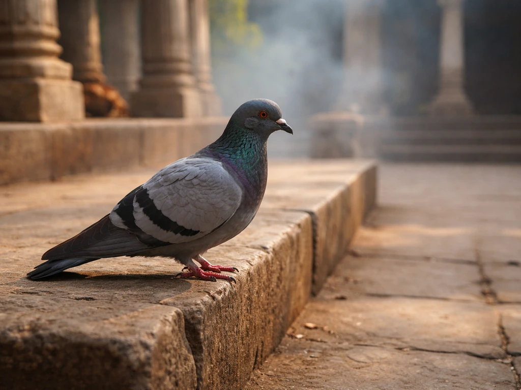 A gray pigeon perched on a stone step in a quiet Indian temple courtyard, softly blurred pillars behind it.