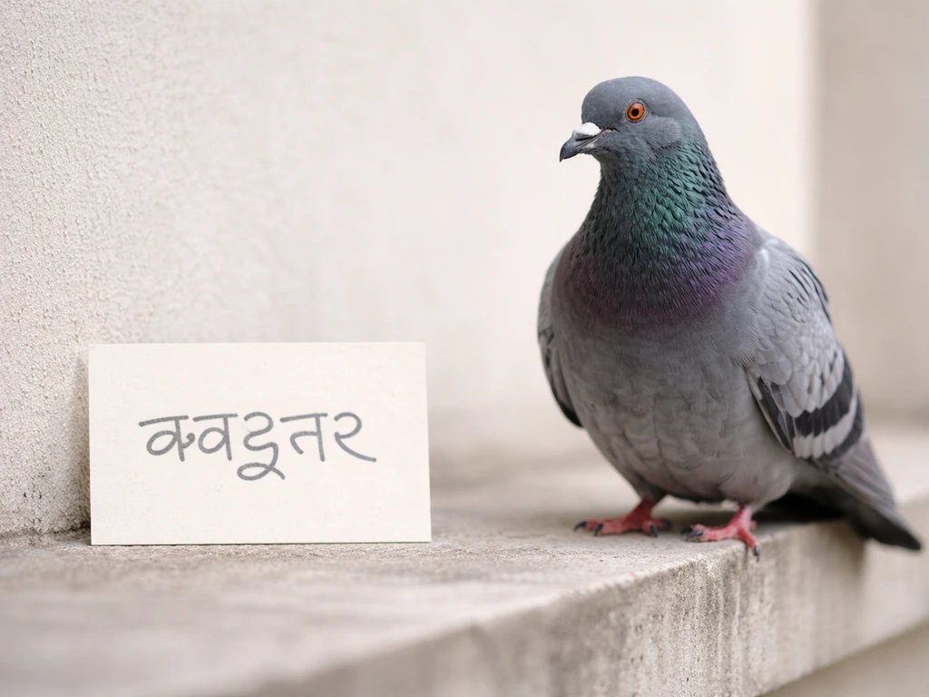 Common pigeon on a concrete window ledge beside a blank dictionary-style card suggesting a Hindi word label.