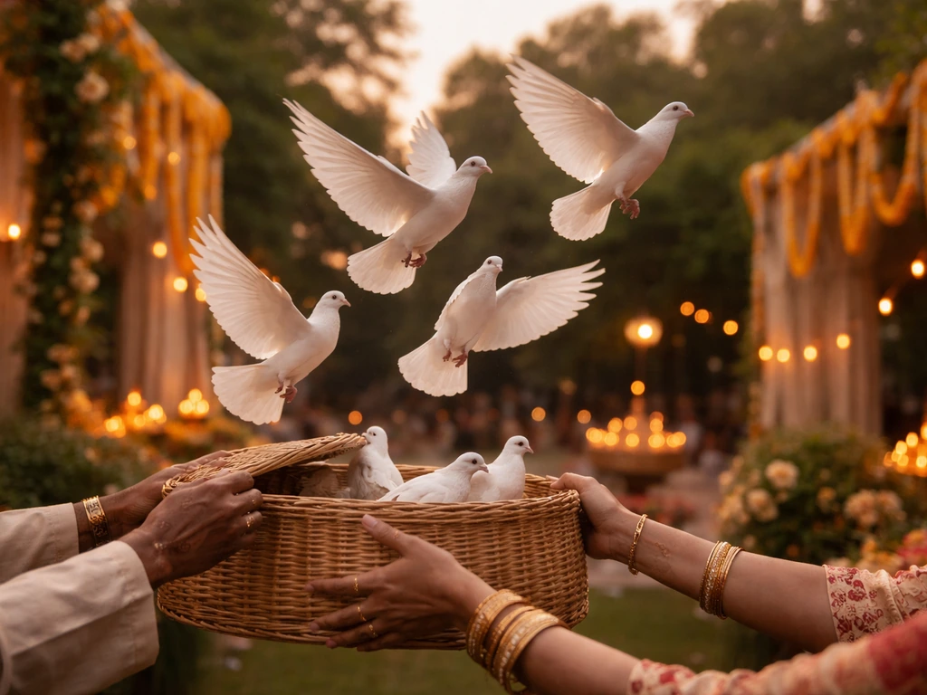White pigeons released during a traditional Indian wedding ceremony in a quiet courtyard at dusk.