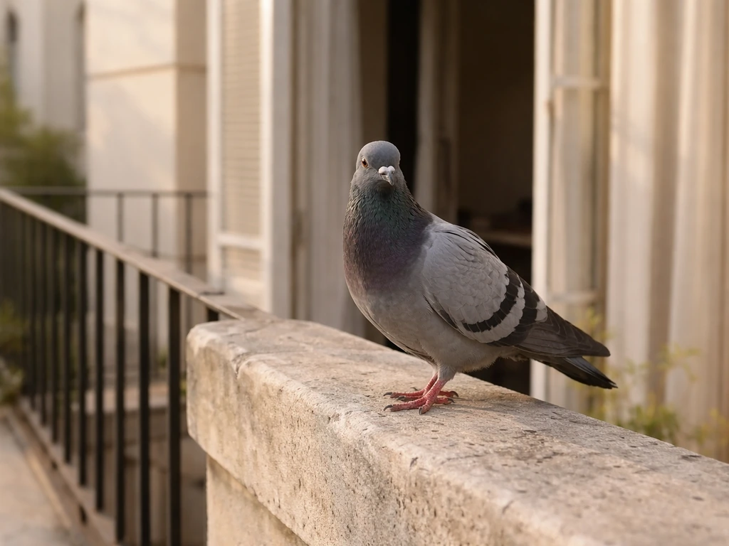 Close-up of a pigeon on a balcony ledge, with a simple open gate suggesting “letting go”