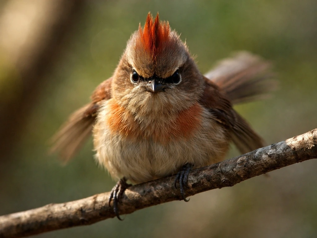 An angry-looking red-brown bird perched on a branch against a blurred natural background.