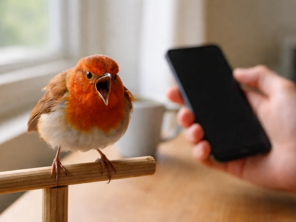 Aggressive bird on a perch in sharp focus with a blurred everyday smartphone-at-home context behind it.