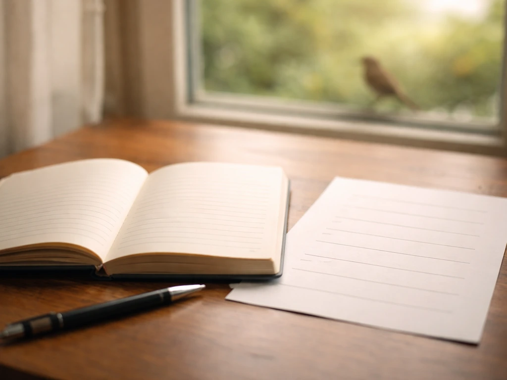 Open notebook on a wooden table beside a pen, with a bird softly visible outside the window.