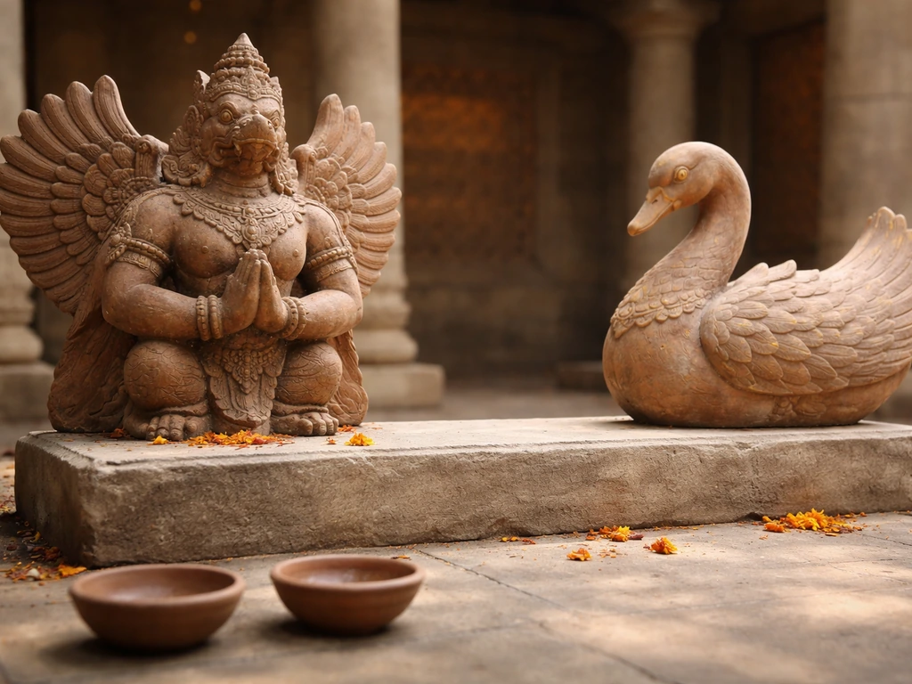 Garuda and hamsa motifs in a serene temple-like scene with two plain clay oil lamps in the foreground.
