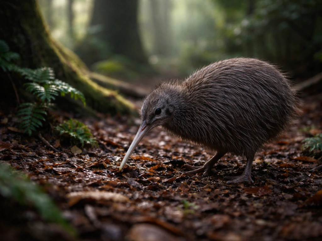 New Zealand flightless kiwi bird for documentary context in a natural forest setting