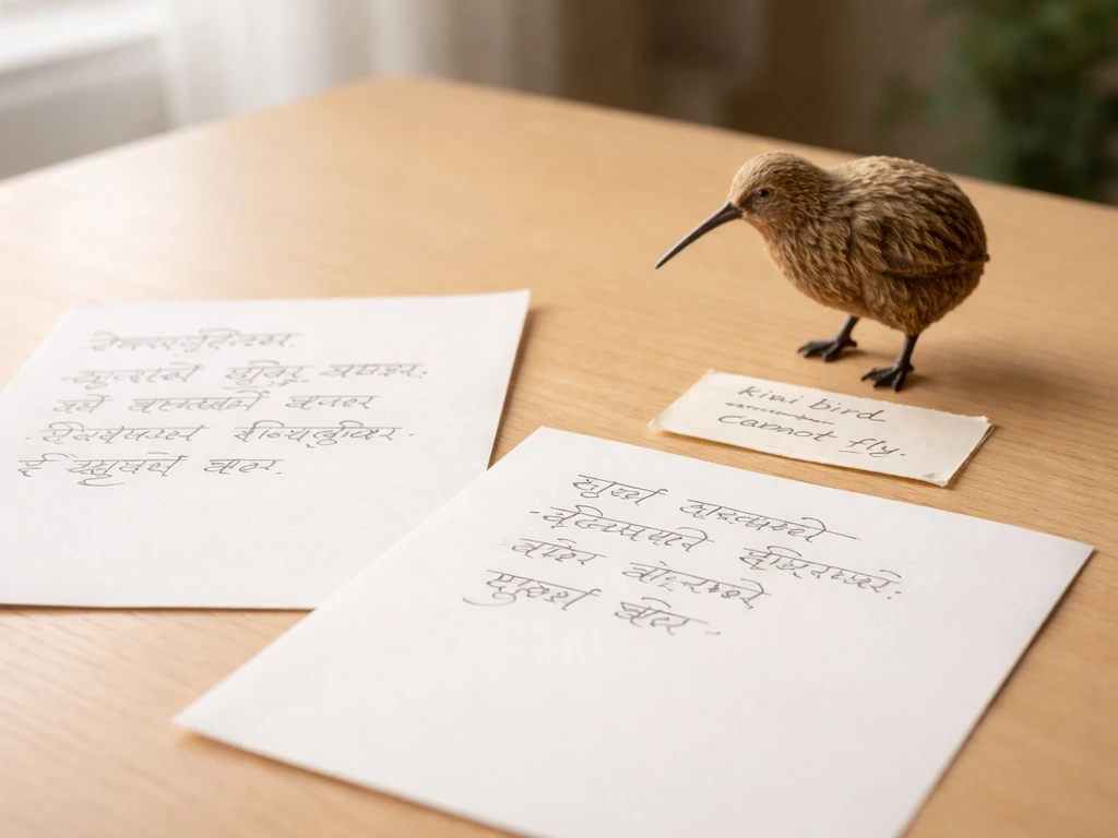 Light wooden desk with a small kiwi bird figurine and a couple of handwritten Hindi sentence papers for learning.