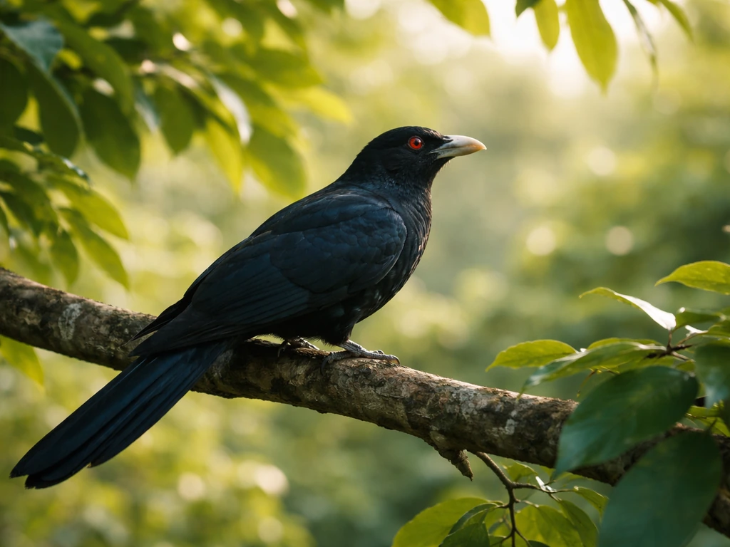 Asian koel perched on a leafy tree branch with green foliage and soft background bokeh