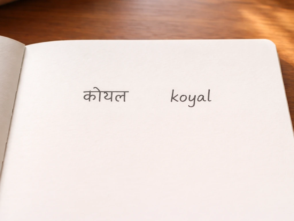 Minimal close-up of a notebook page showing Devanagari word and its roman transliteration side by side