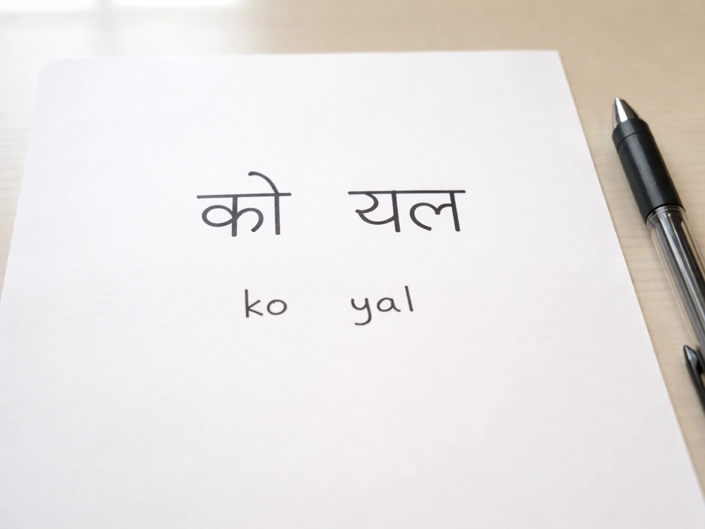 Close-up of a handwritten Devanagari spelling split into two parts with a simple phonetic cue on plain paper.