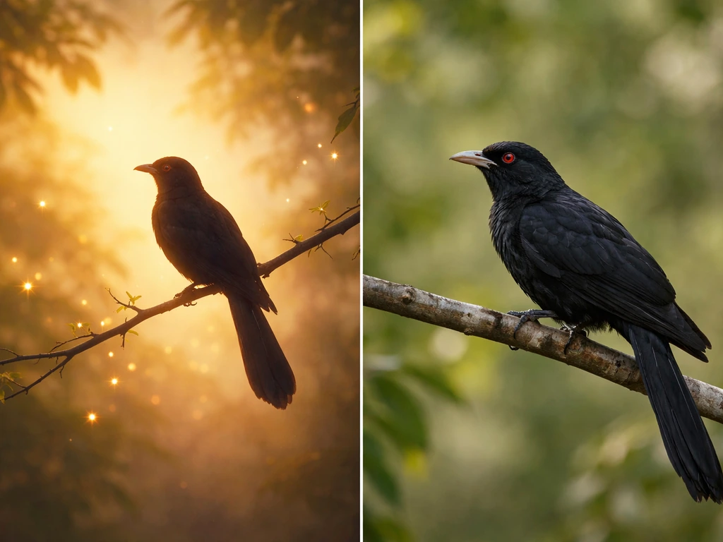 Split image: dreamy folkloric koel on the left, sharply detailed Asian koel perched on a branch on the right.
