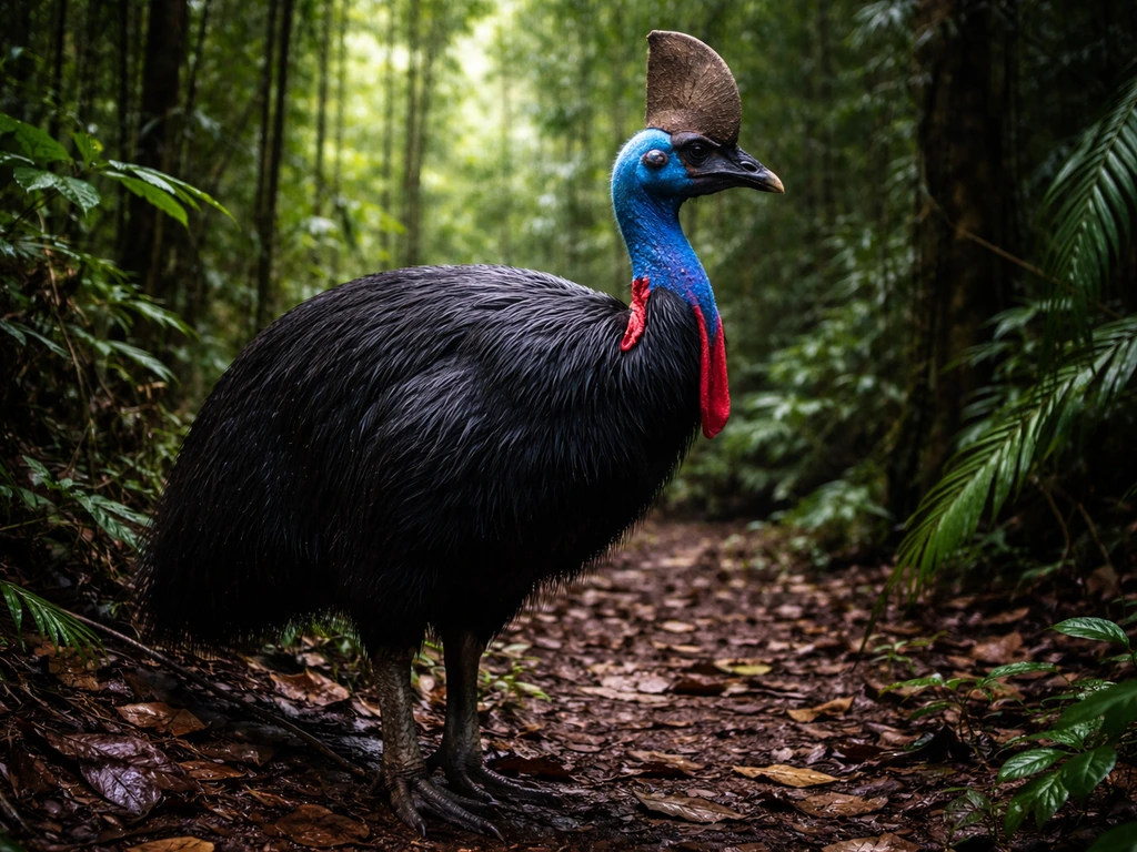 Cassowary bird standing in a lush rainforest with wet leaves and natural light.