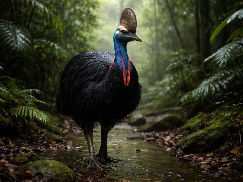 A cassowary stands in lush rainforest, highlighting its casque and long legs.