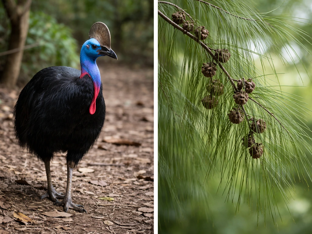 Split image showing a cassowary standing beside a Casuarina tree branch and leaves