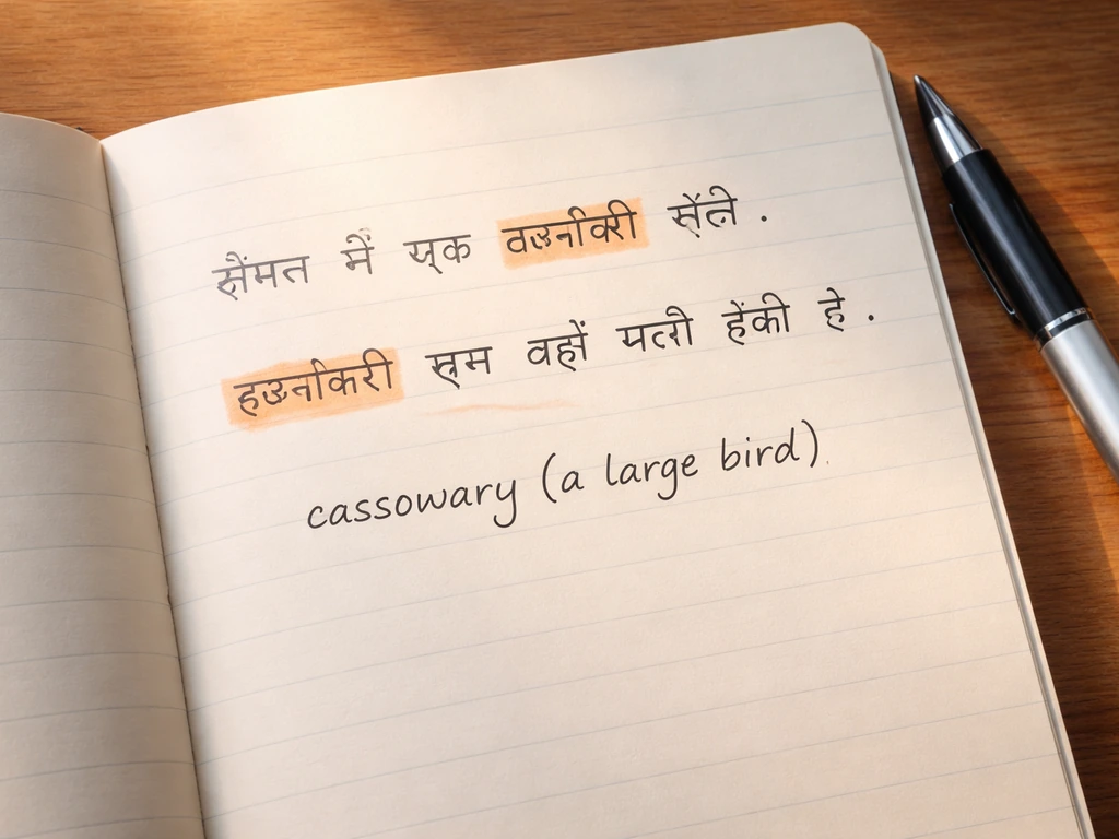 Minimal close-up of a notebook page with handwritten Hindi sentences highlighting कसोवरी and an English gloss.