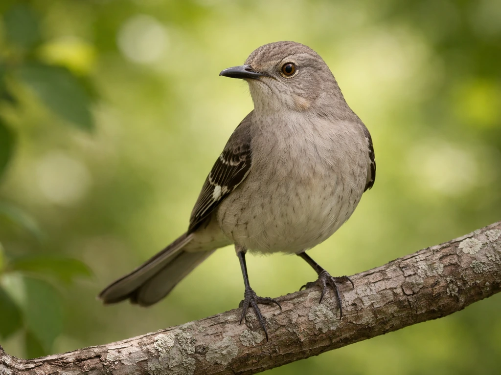 Northern mockingbird perched on a branch with detailed gray-brown plumage and visible head and wings.
