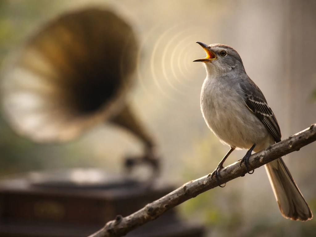 A mockingbird on a branch with soft light ripples suggesting echo, plus an antique phonograph blurred behind