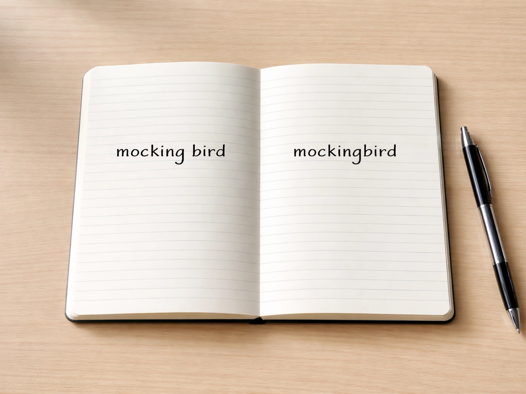 Close-up of a notepad with two handwritten phrases side by side: “mocking bird” and “mockingbird.”