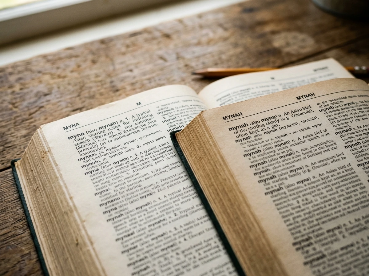 Side-by-side comparison of common spelling myna vs mynah from dictionaries