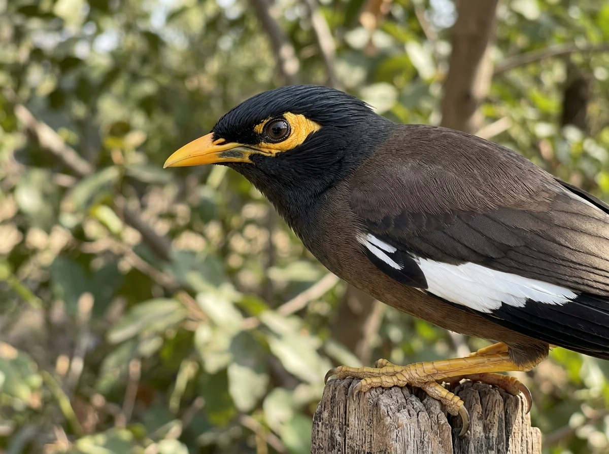 Bird identification markers: yellow bill, eye patch, and wing pattern