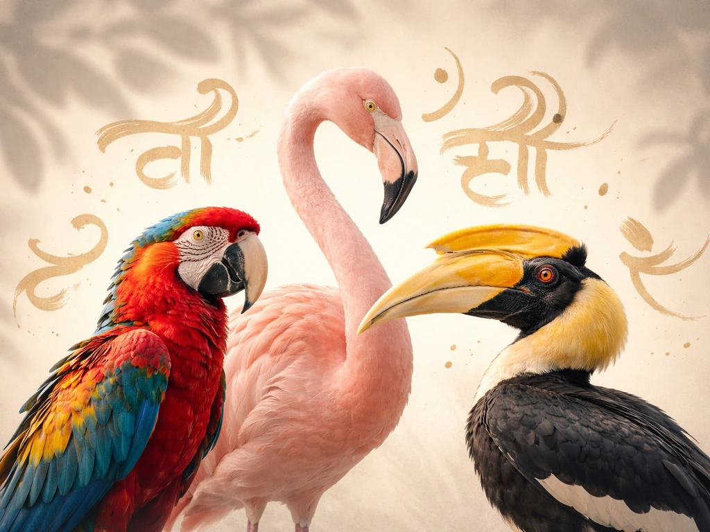 A few exotic birds in a simple collage with warm colors, symbol-like mood, no readable text.