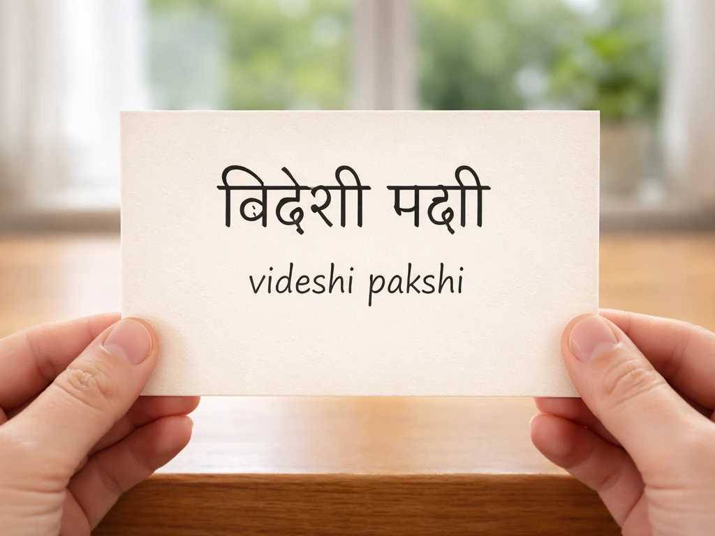 Anonymous hands hold a small Hindi phrase card for “exotic bird” in handwritten script.