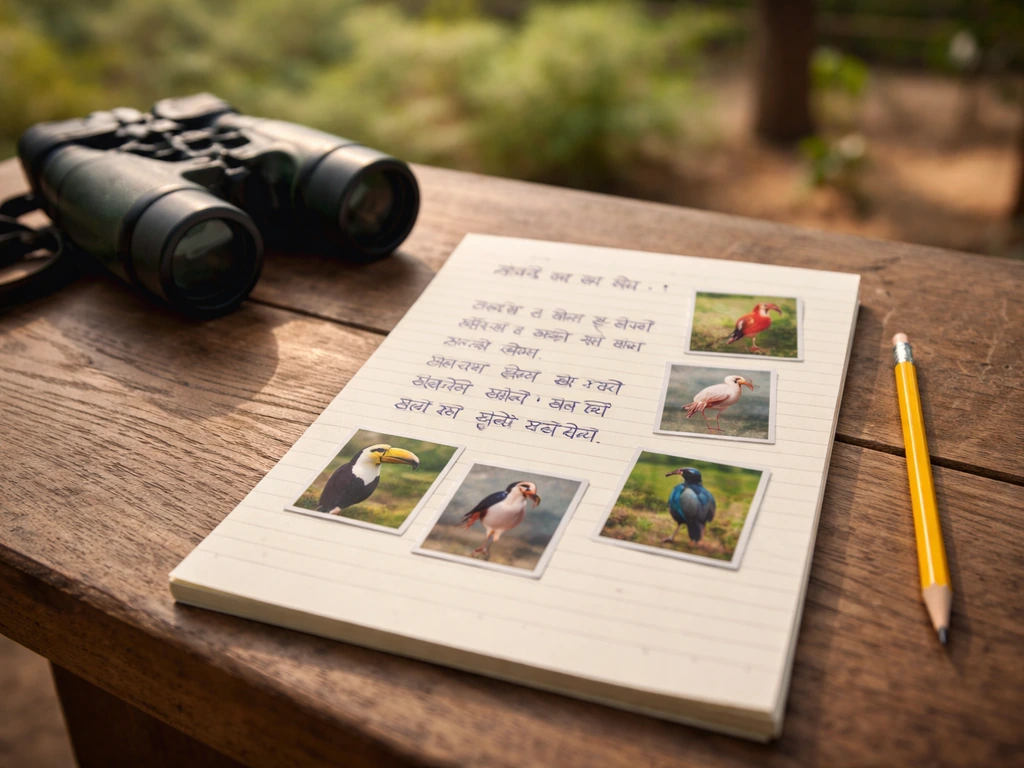 Hindi handwritten wildlife notes about unusual foreign birds on a notebook with binoculars nearby.