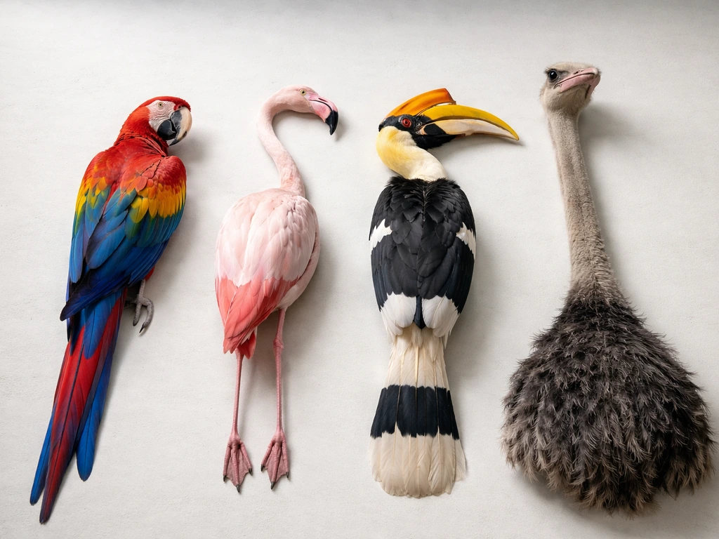Macaw, flamingo, hornbill, and ostrich on a simple neutral surface, emphasizing exact bird identification.