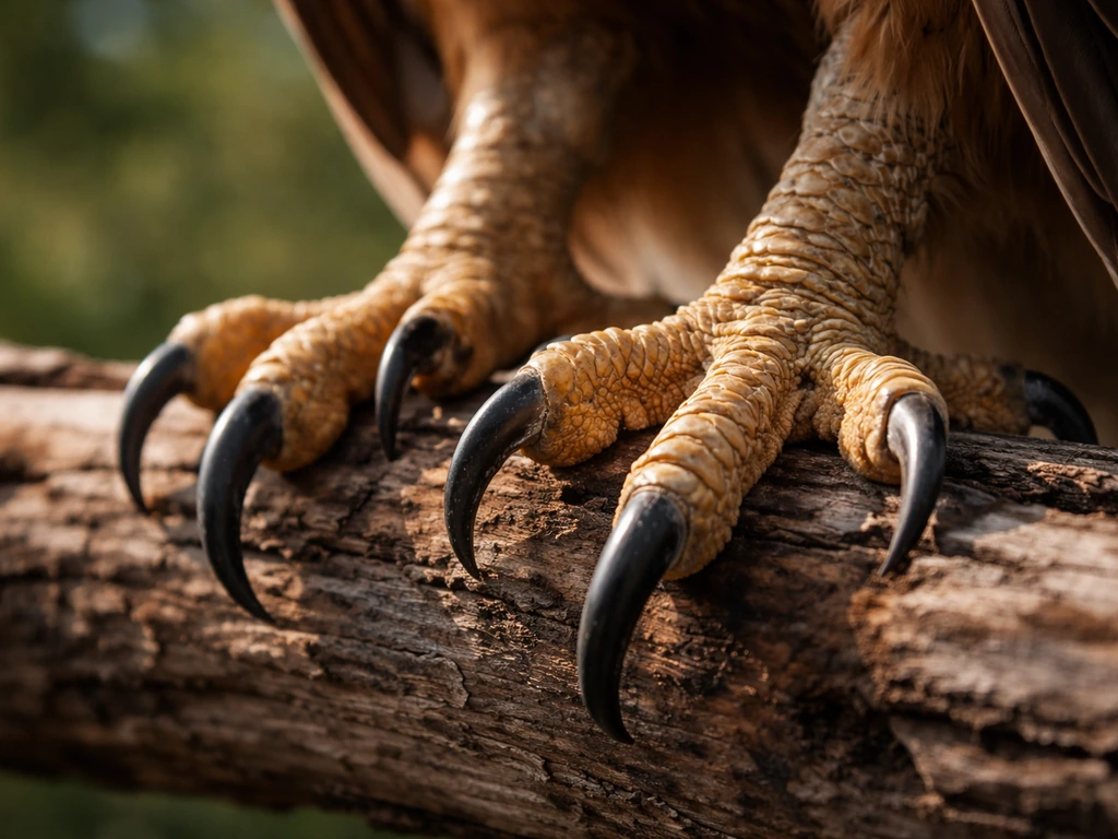 Close-up of a bird of prey’s talons gripping a perch, showing sharp claws and powerful grip.