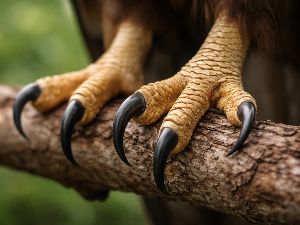 Close-up of a bird of prey’s hooked talons gripping a natural perch