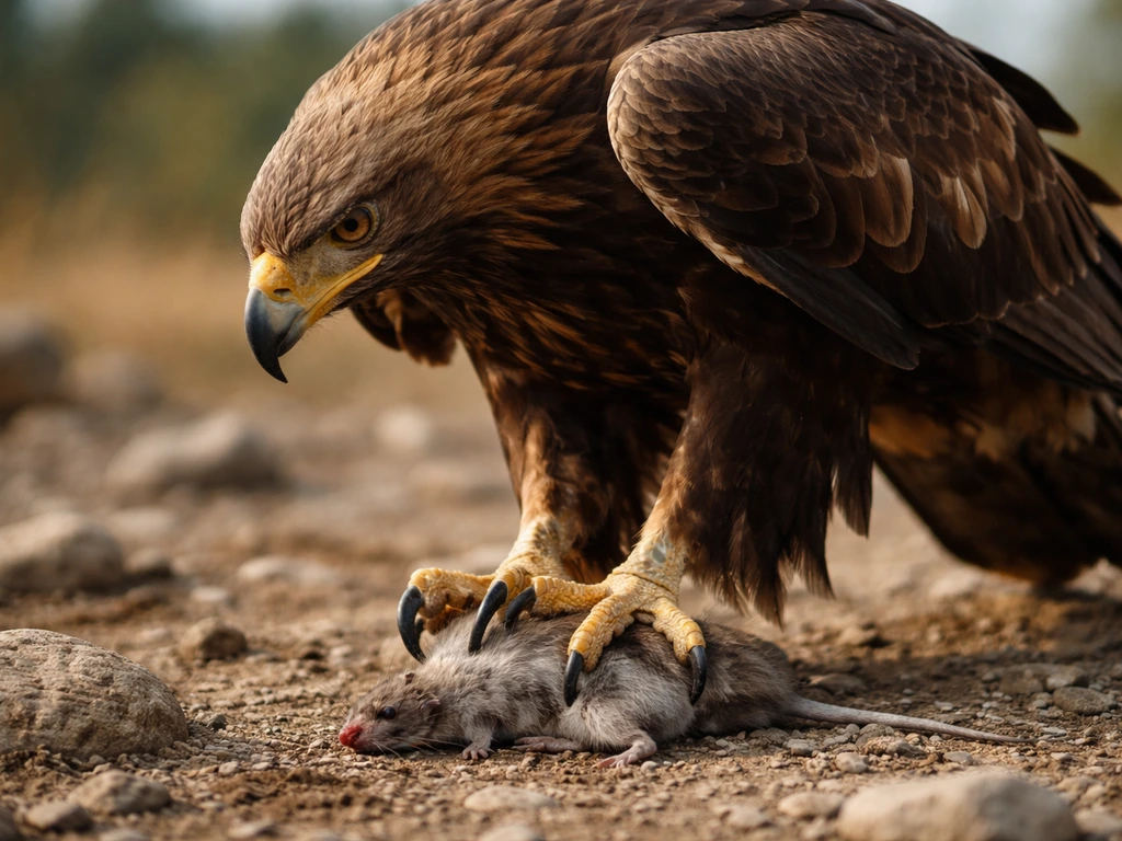 Close-up of a golden eagle gripping prey with sharp talons on rocky ground