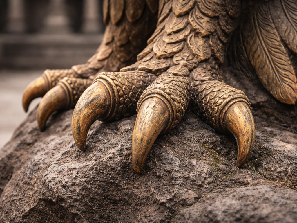 Close-up of stylized divine eagle talons gripping a stone surface, symbolizing power and protection.