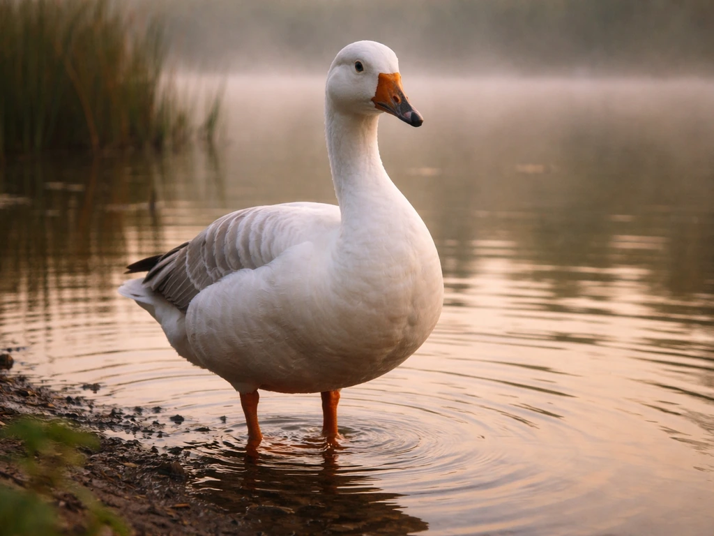 Goose-like waterfowl standing by a calm pond at dawn with soft mist and gentle reflections.