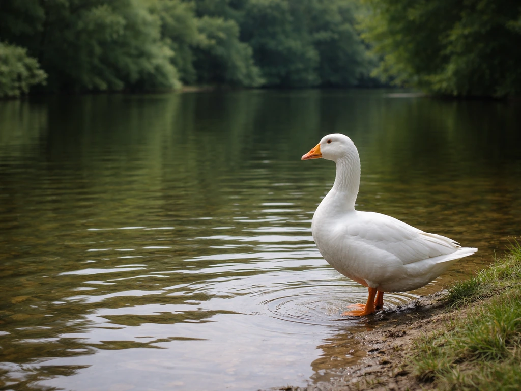 White goose standing by a quiet pond with gentle ripples and soft greenery in the background