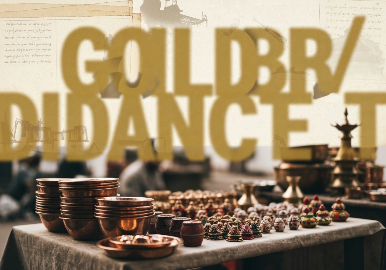 Modern Indian market scene with warm gold-toned word-like typography over a historical collage background