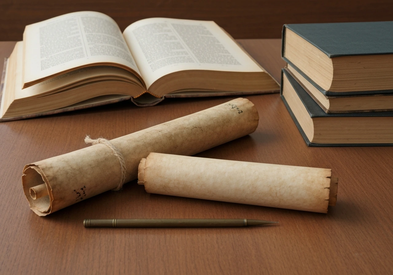 A desk with aged open book pages and parchment scroll texture suggesting an ancient “Natural History” source.