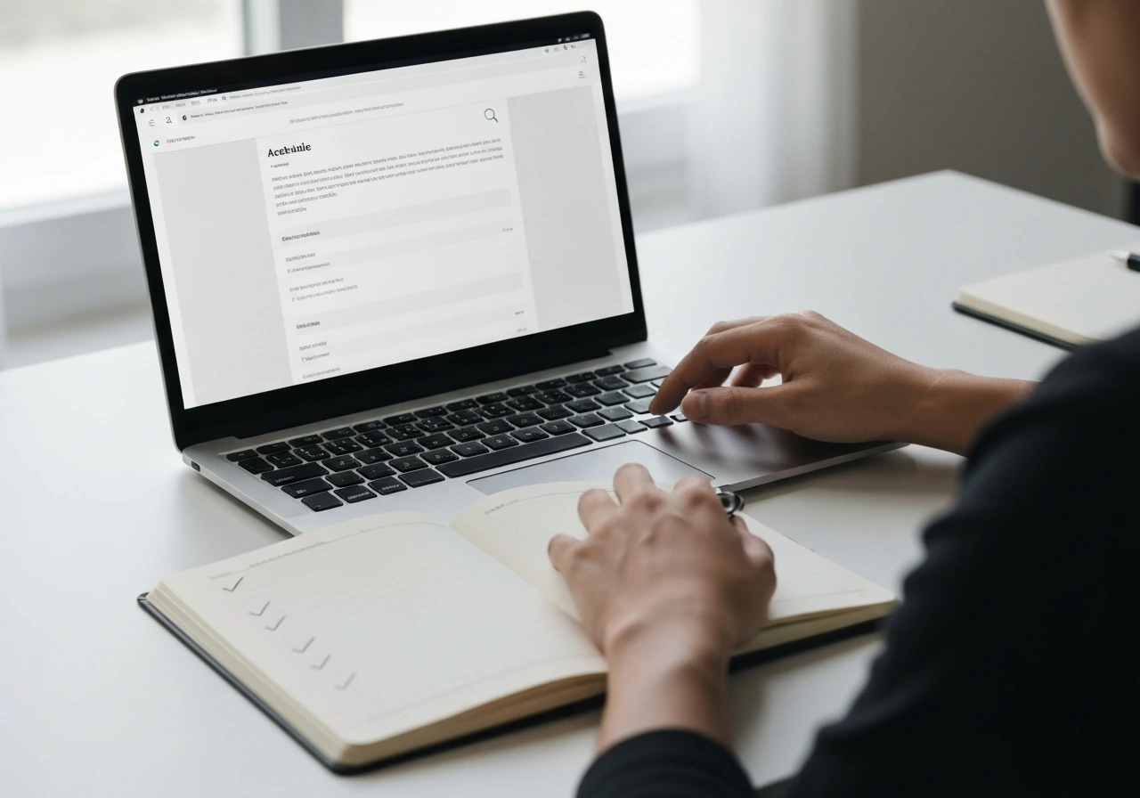 Close-up of a laptop showing academic search results, with notebook checklist beside it