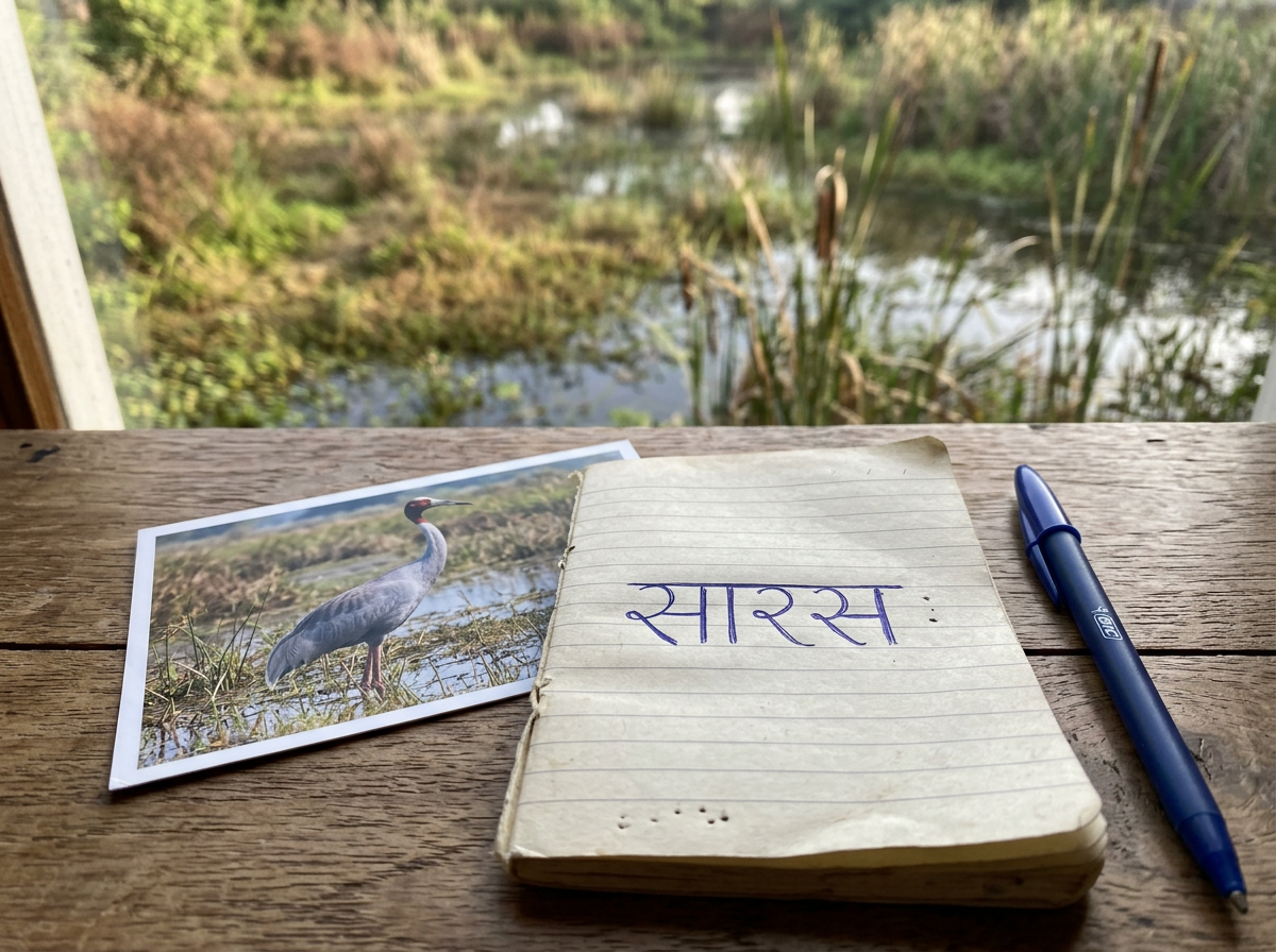Devanagari word सारस written on paper next to a crane bird illustration