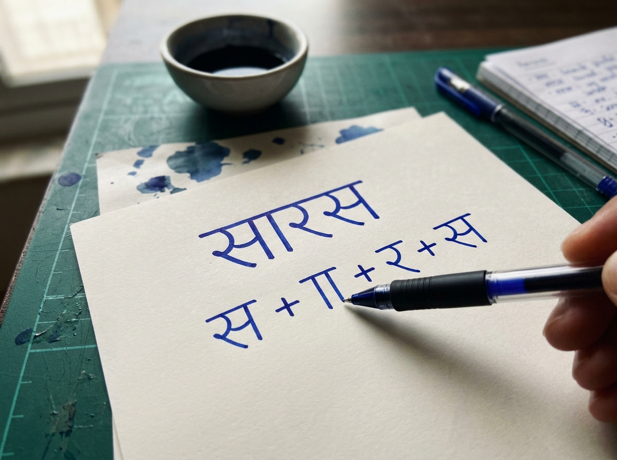 Close-up of Devanagari spelling characters स ा र स with writing practice setup