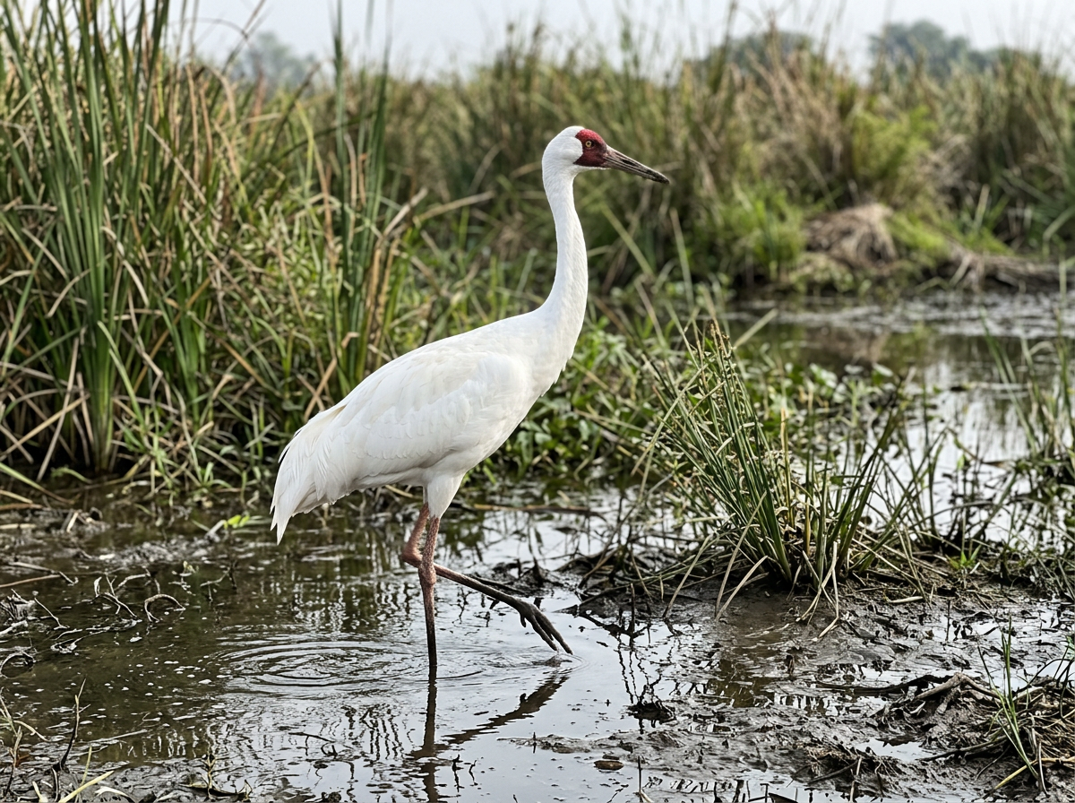 White crane standing in wetland with legs and plumage clearly visible