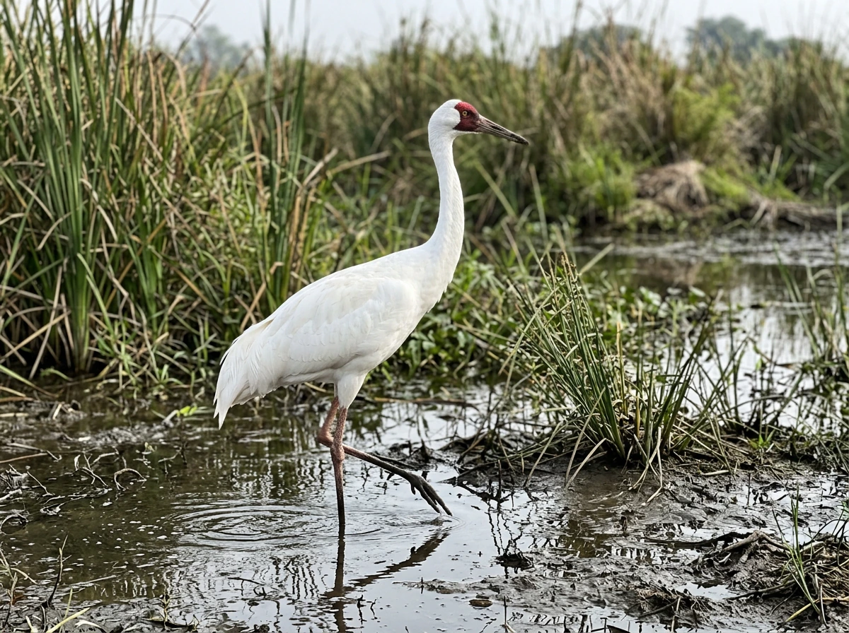White crane standing in wetland with legs and plumage clearly visible
