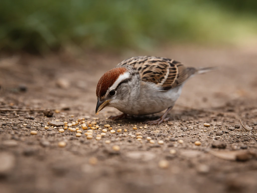 Small bird pecking at seeds on dry ground in natural daylight.
