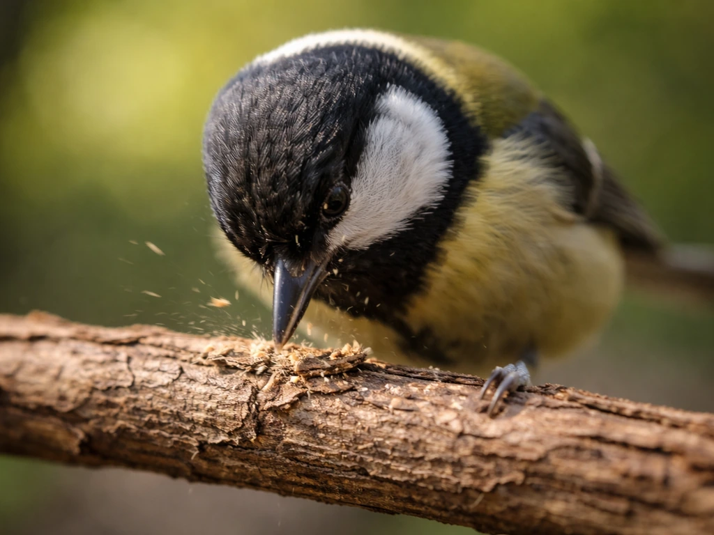 Close-up of a small bird pecking down forcefully with its beak on a twig.