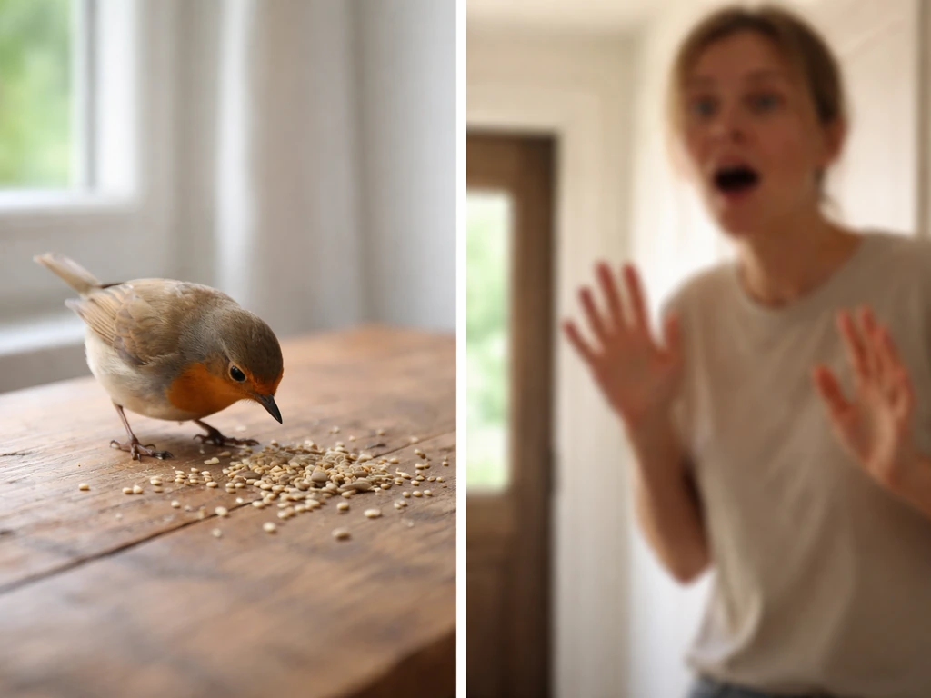 Split-style scene: a bird pecking seeds and a blurred person reacting to it in a doorway.