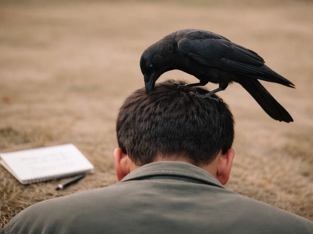 A crow pecks near the top of a person’s head outdoors, with a quiet cultural, symbolic mood.