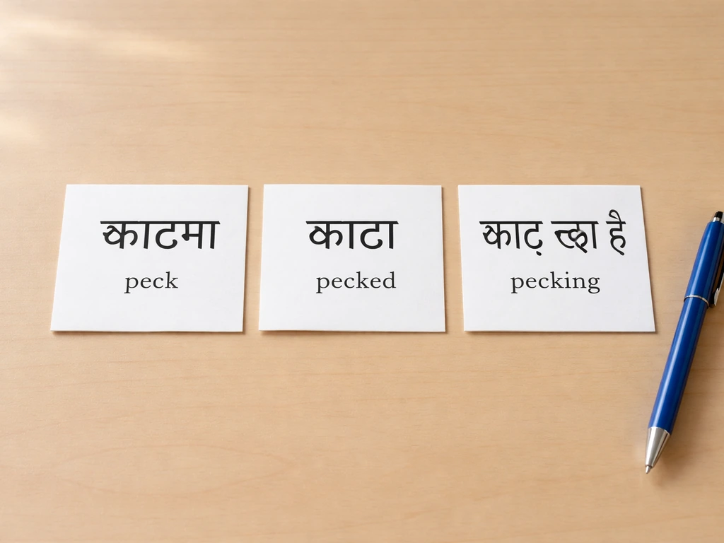 Minimal desk scene with three Hindi verb flashcards and a pen, showing base, past, and continuous forms.