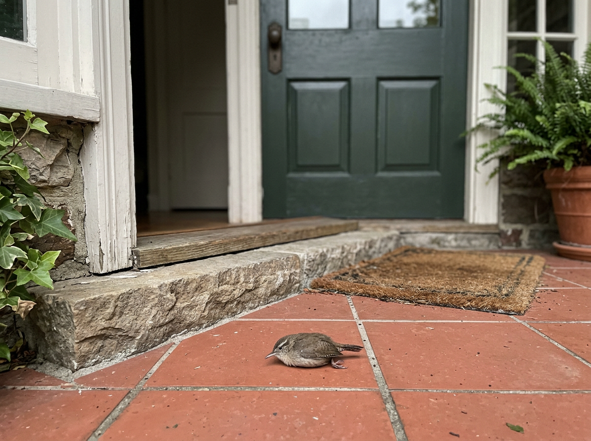 Dead bird placed right at a home entrance threshold in a respectful distance