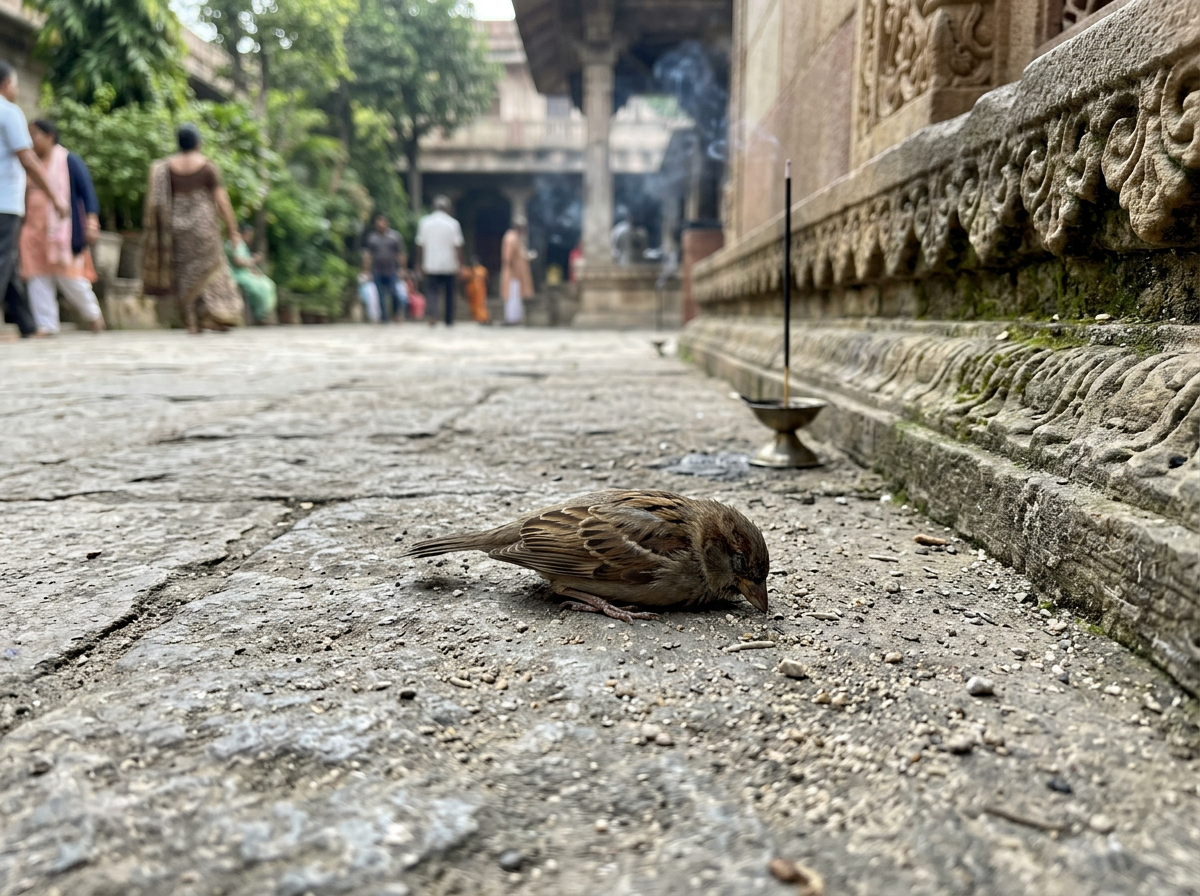 Dead bird near a temple courtyard walkway by a shrine wall