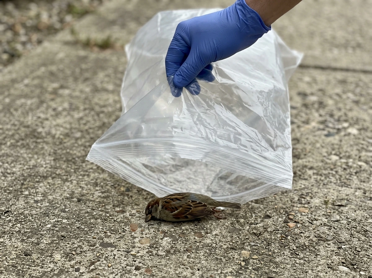 Gloved hand using a thick plastic bag to safely move a dead bird