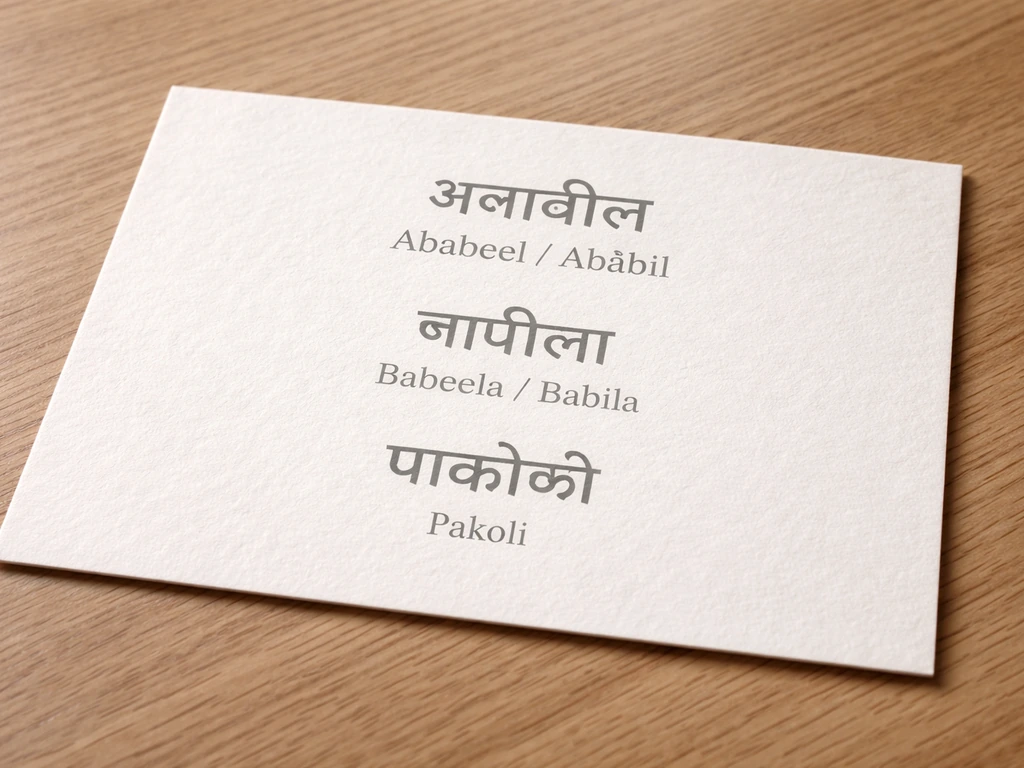 Minimal wooden table with a clean reference card showing Devanagari names and romanization.