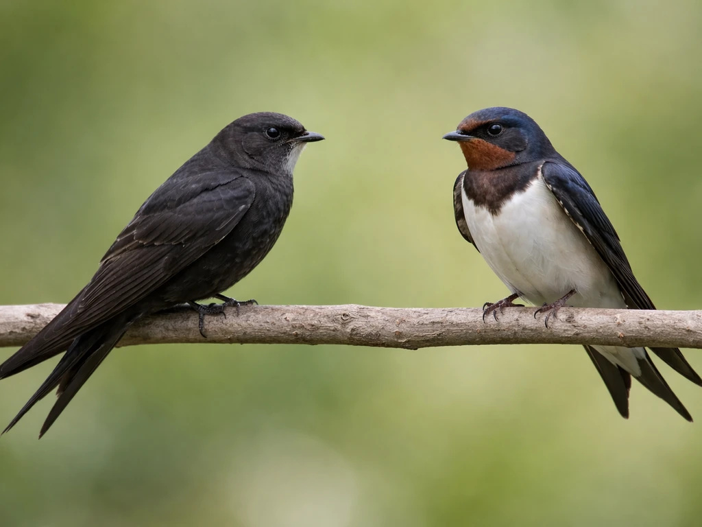 Side-by-side view of two small birds showing contrasting wing shape and dark vs light belly tones.